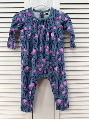 Tea collection size 9-12M Blue Floral Baby Romper with Pink flowers